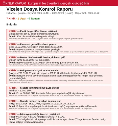 Örnek Vizelen dosya kontrol raporu (kurgusal test verileri): 7 Kritik, 1 Uyarı